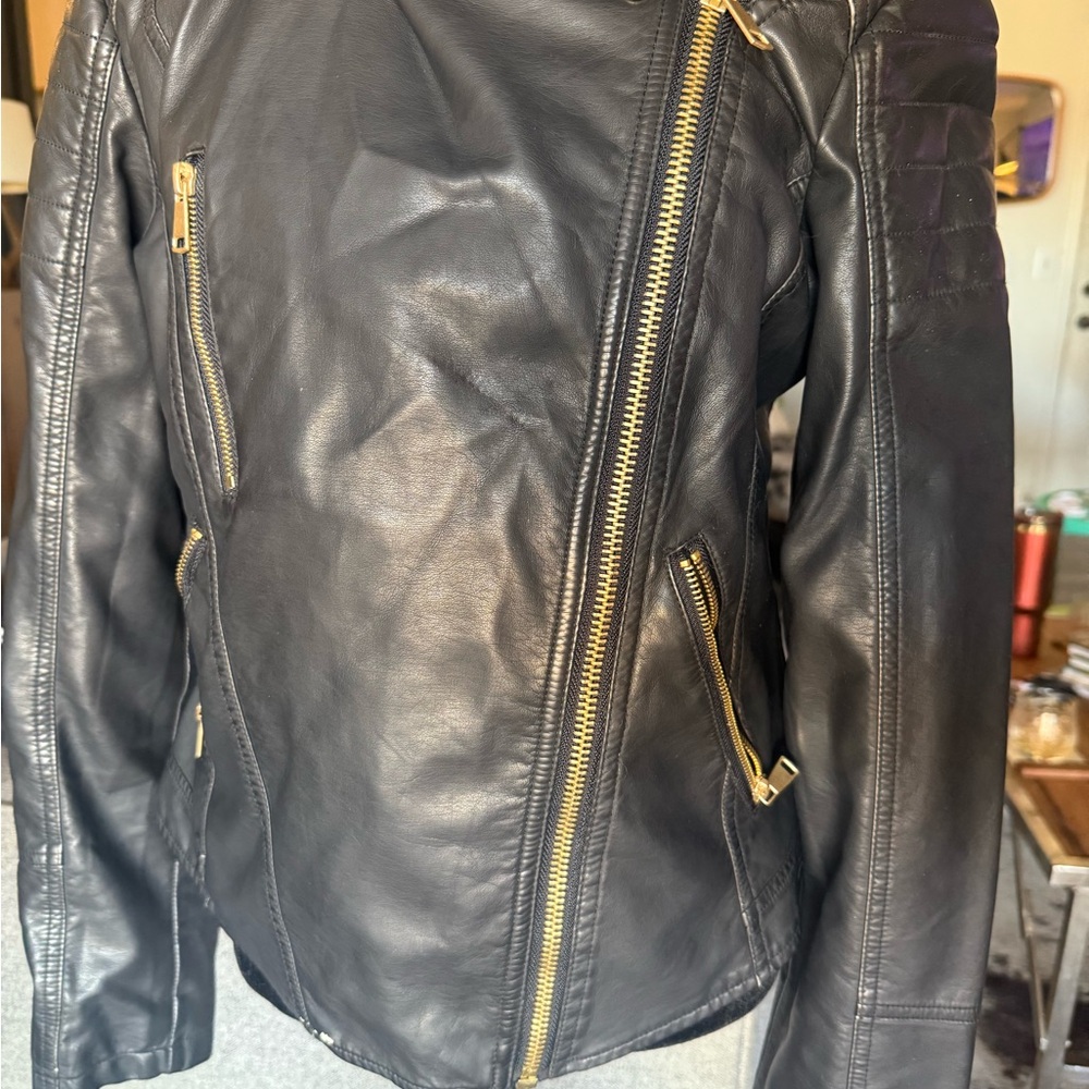 Black Vegan Leather Jacket with Gold Accents